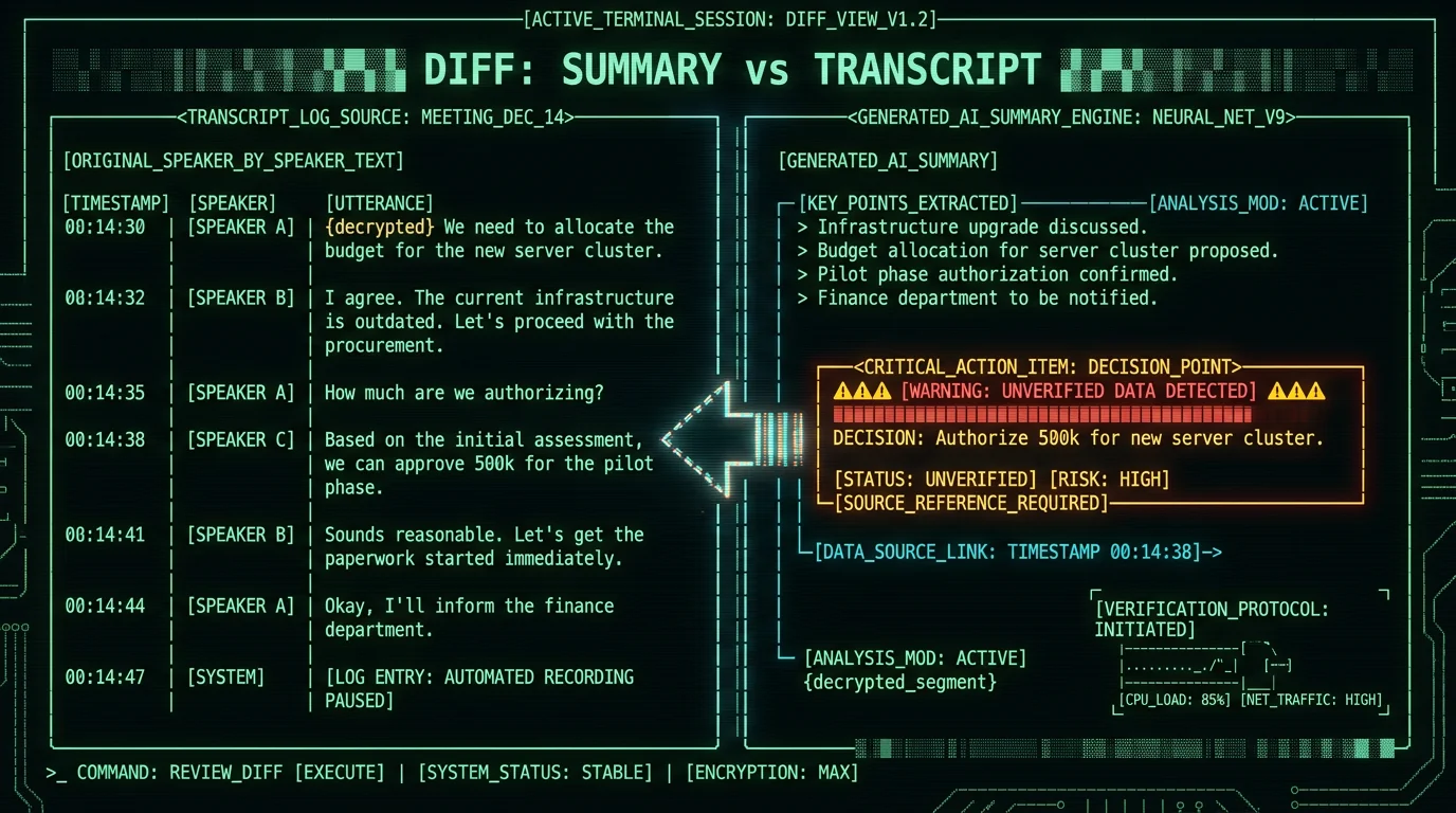 Diagram showing diff between AI meeting summary line and the timestamped transcript source line for verification