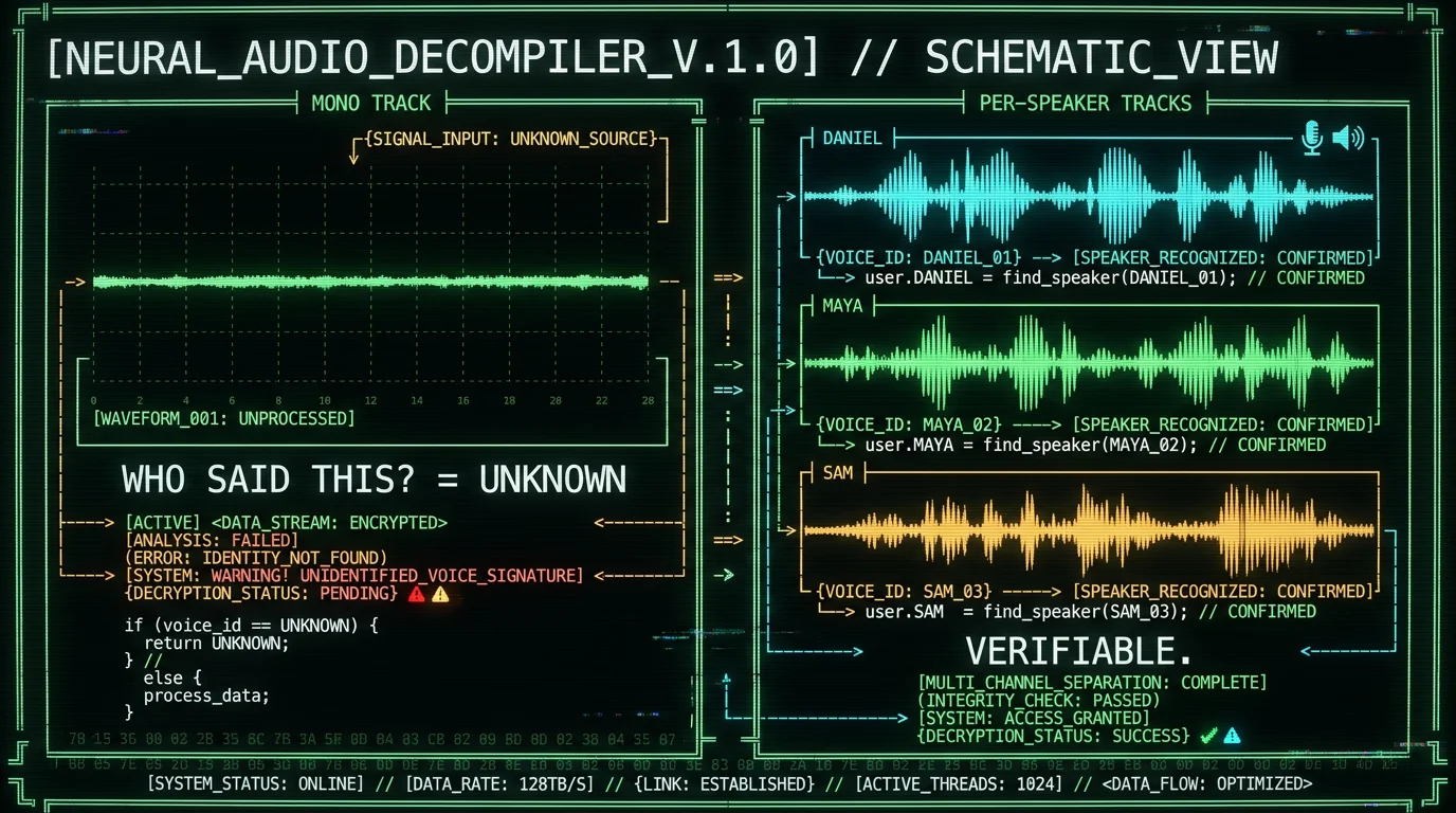 Mono track versus per-speaker audio tracks comparison for meeting transcription accuracy