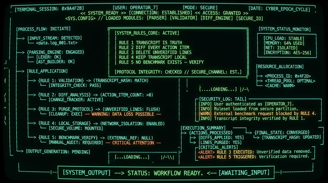Five-rule summary checklist for verifying AI meeting summaries and avoiding invented action items