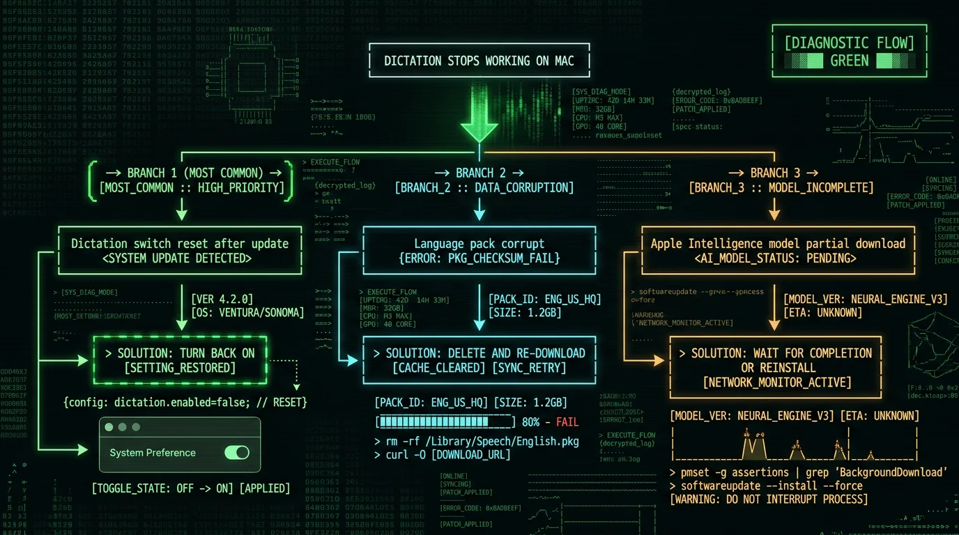 Flowchart diagram showing Apple Intelligence dictation failure diagnosis paths after macOS update for Mac users with three common causes and fixes