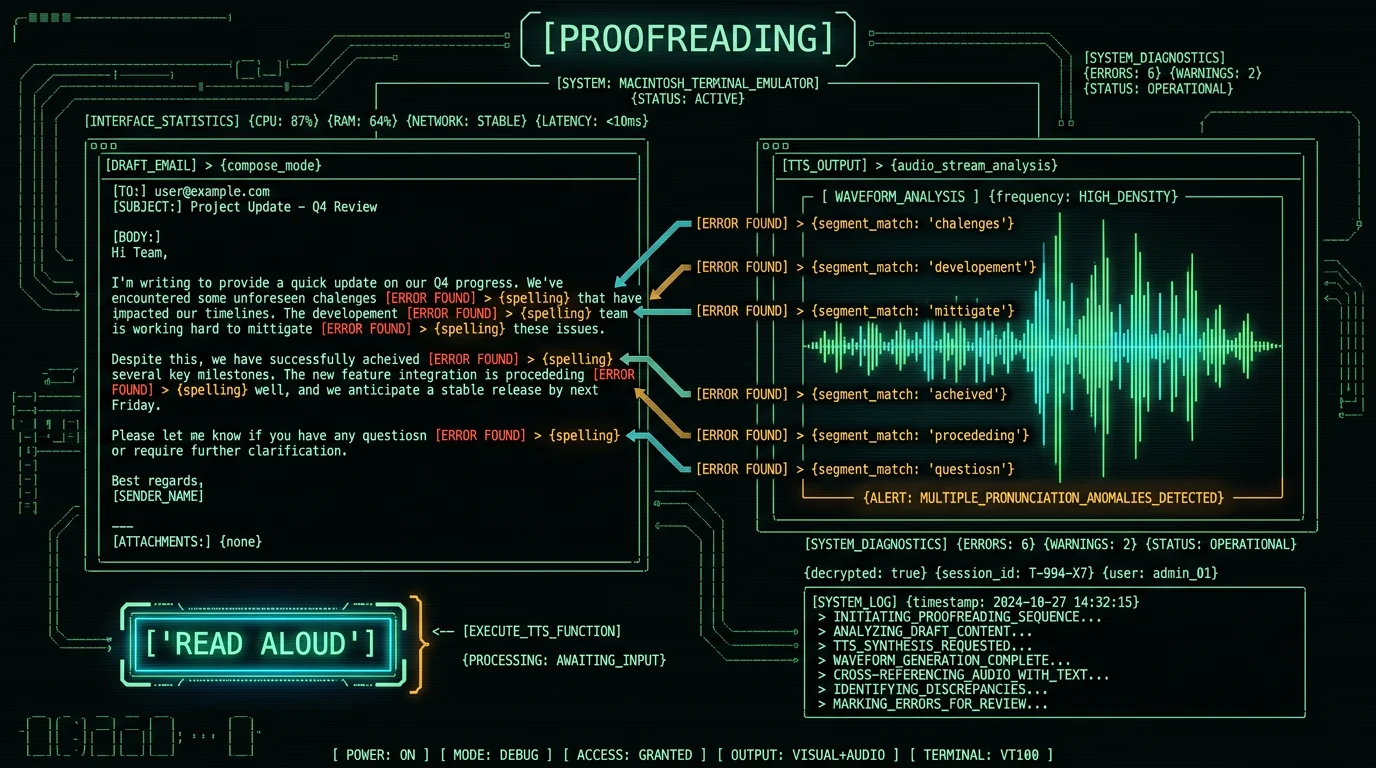 Text-to-speech proofreading workflow on Mac showing how reading aloud catches dictation errors