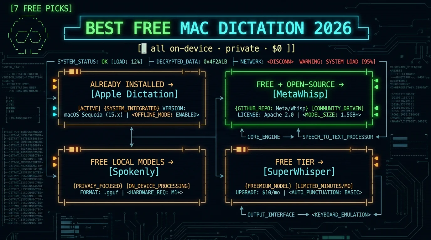 Best free Mac dictation apps 2026 quick picks showing Apple Dictation MetaWhisp Spokenly and SuperWhisper free tier all on-device and private at zero cost