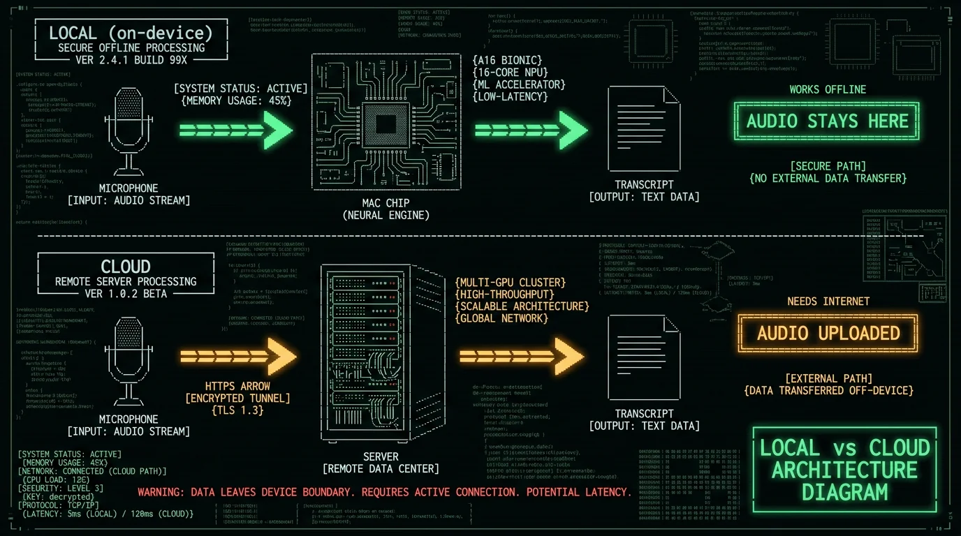 Diagram contrasting local on-device transcription where audio stays on the Mac Neural Engine versus cloud transcription where audio is uploaded to a server for Mac