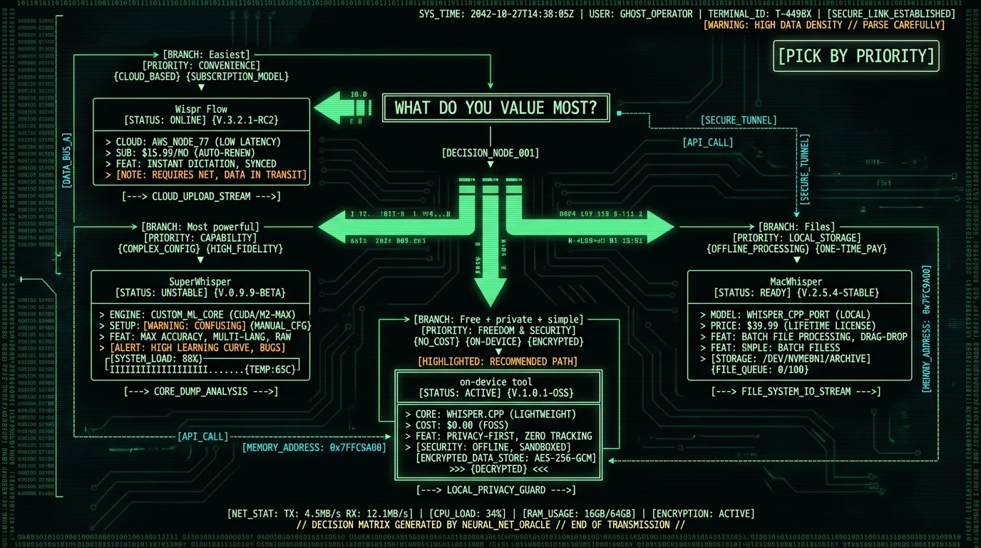 Decision guide for the best Mac dictation app by priority showing easiest Wispr Flow most powerful SuperWhisper files MacWhisper and free private simple on-device