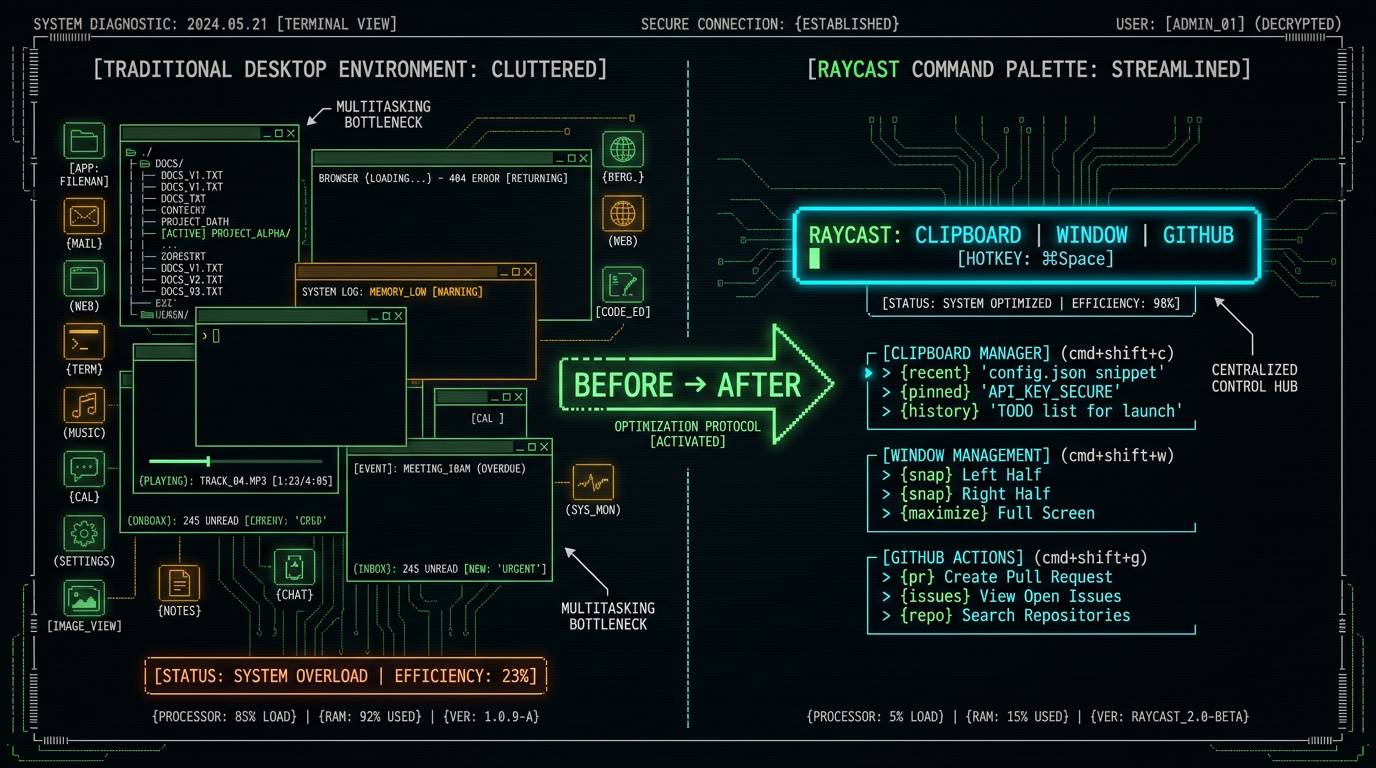 Before and after comparison of desktop productivity showing Raycast command palette replacing multiple productivity apps and windows