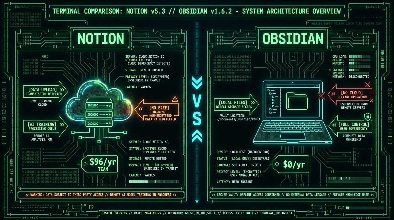 Technical comparison schematic of Notion cloud-dependent architecture versus Obsidian local-first file storage for privacy-conscious users