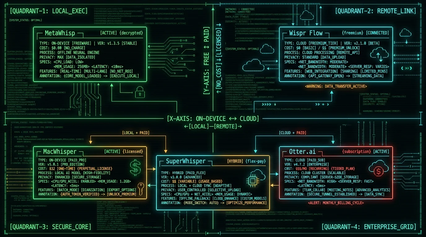 Voice-to-text apps for Mac quadrant matrix schematic plotting MetaWhisp Wispr Flow SuperWhisper Otter MacWhisper across on-device versus cloud and free versus paid axes