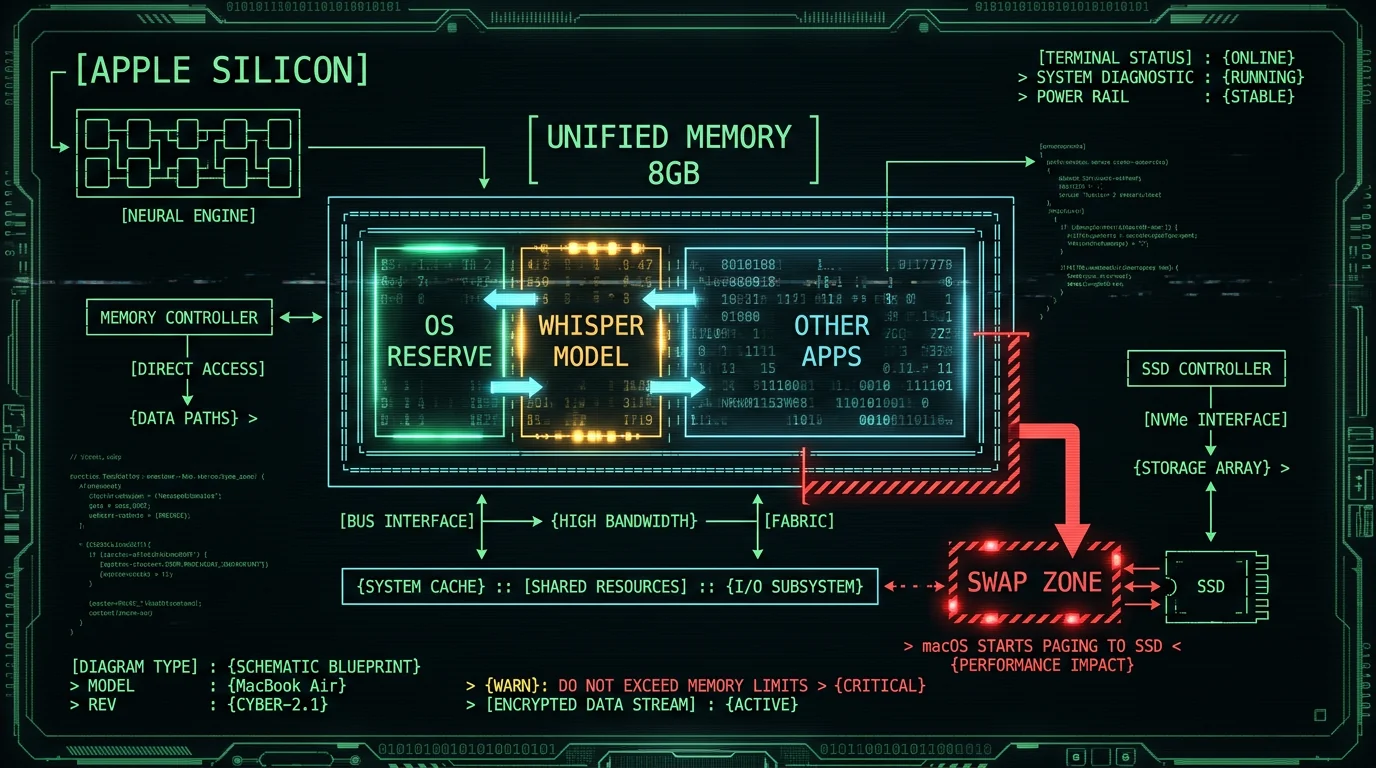 MacBook Air 8GB unified memory diagram showing how Whisper model size determines whether the system stays in RAM or starts swapping