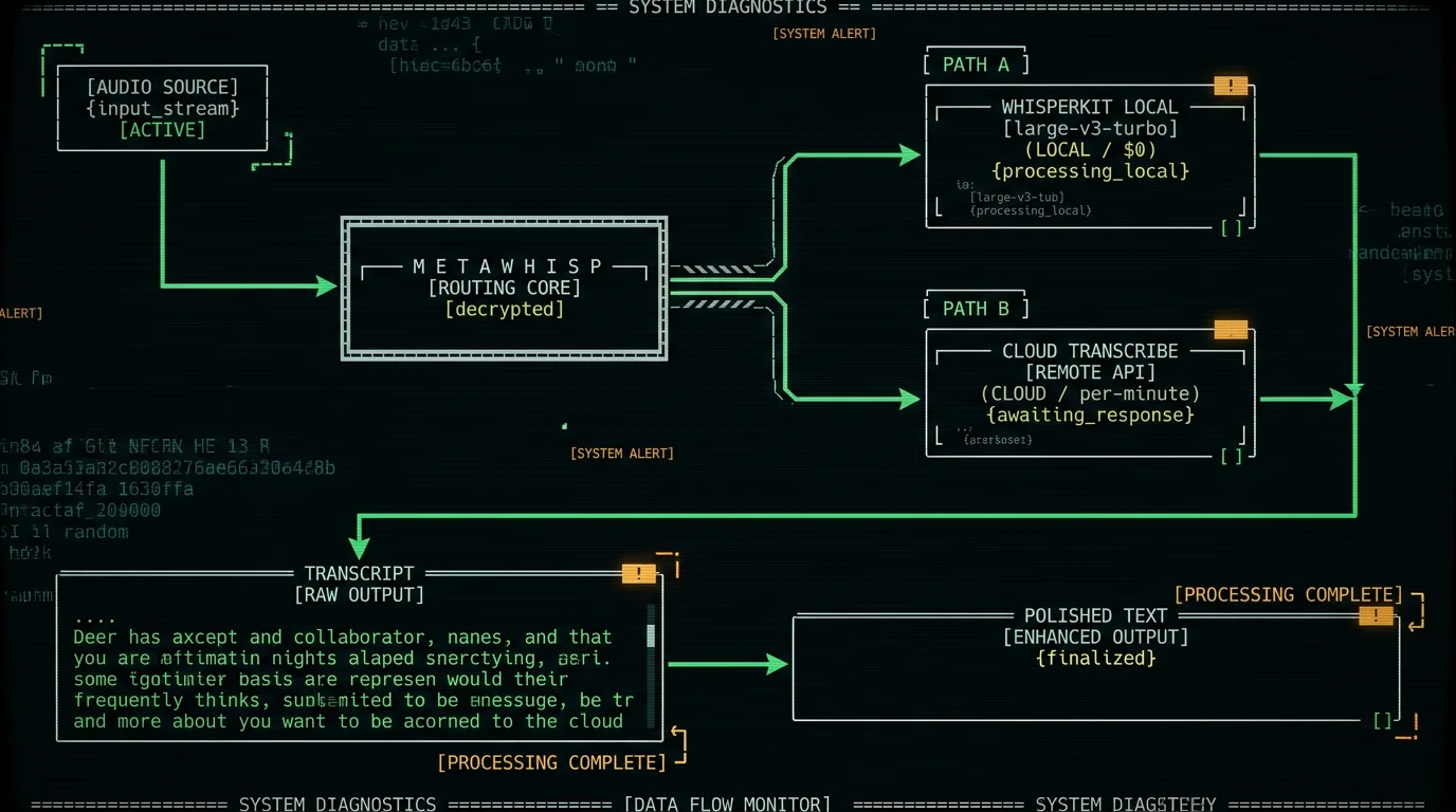 MetaWhisp workflow diagram showing WhisperKit local path versus cloud polish path on a Mac