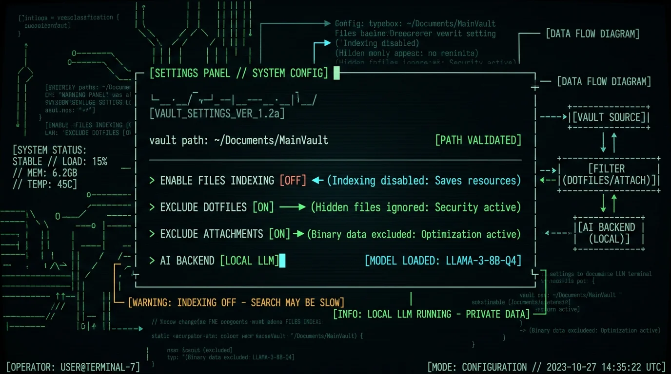 Terminal-style settings panel for MetaWhisp Files showing AI backend and indexing options