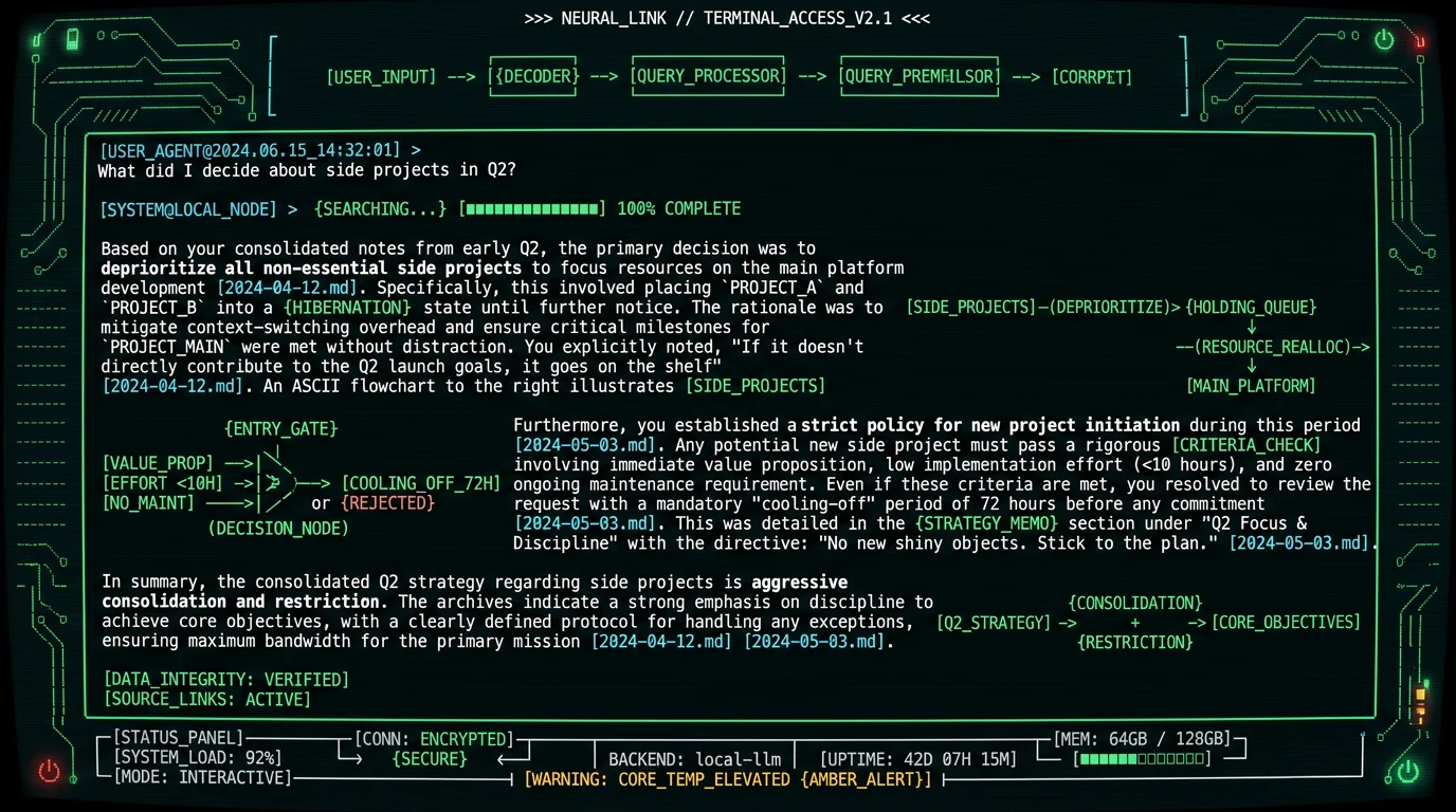 Chat interface showing question answering with source citations from local Obsidian vault retrieval