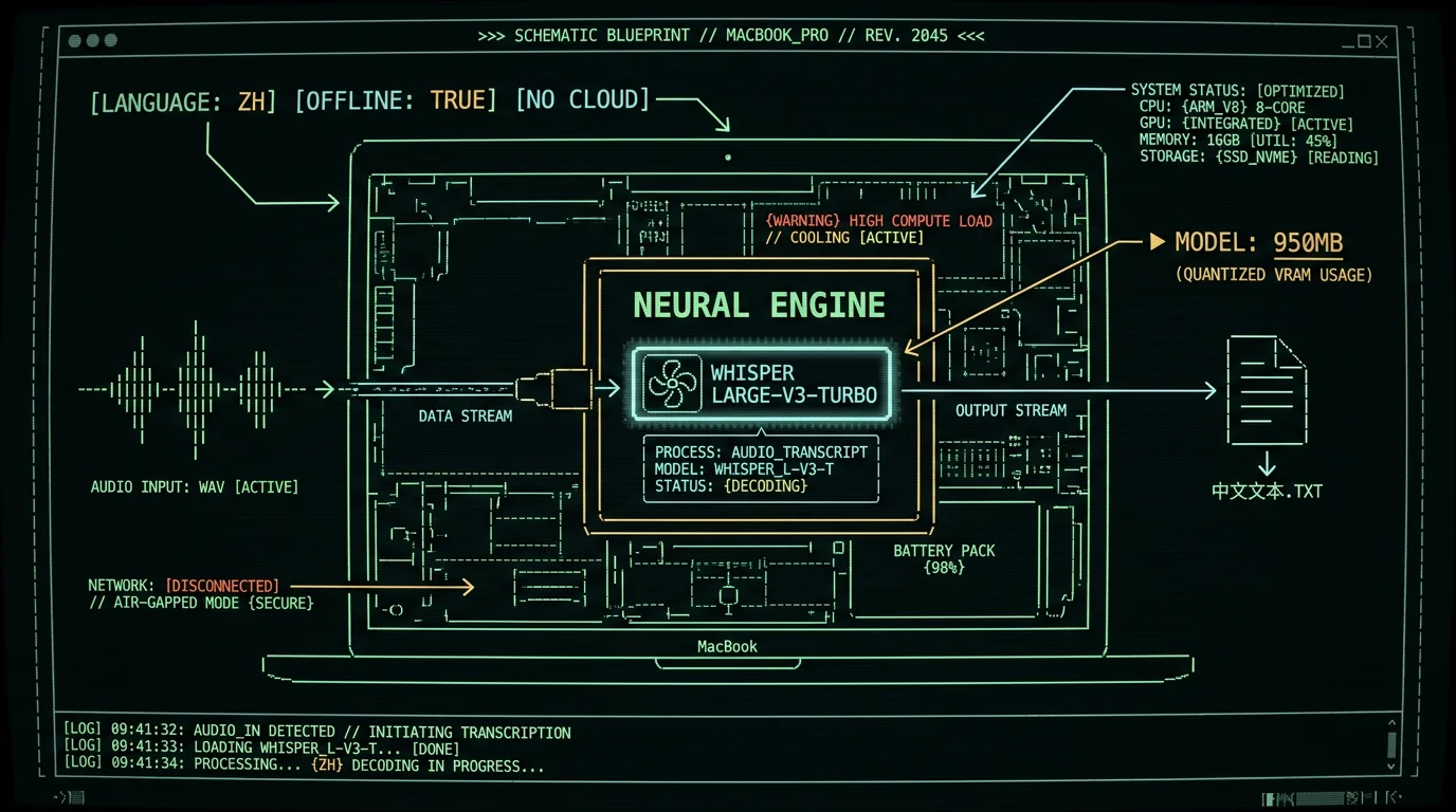 Schematic diagram of offline Chinese voice-to-text pipeline running Whisper locally on MacBook Neural Engine