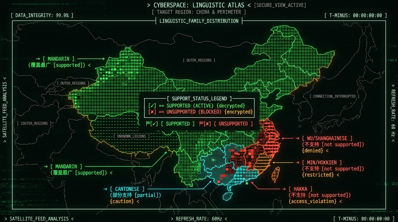 Map showing supported and unsupported Chinese dialects for Whisper voice-to-text on Mac