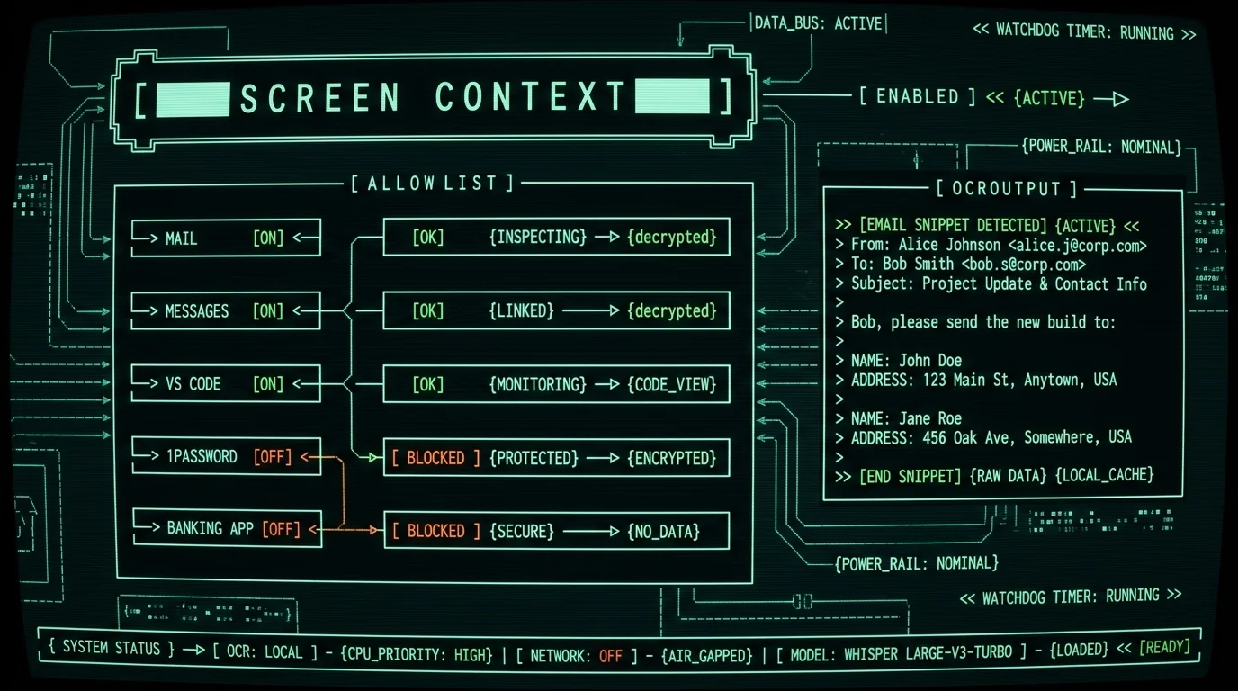 MetaWhisp Screen Context settings panel showing per-app allowlist for context aware dictation