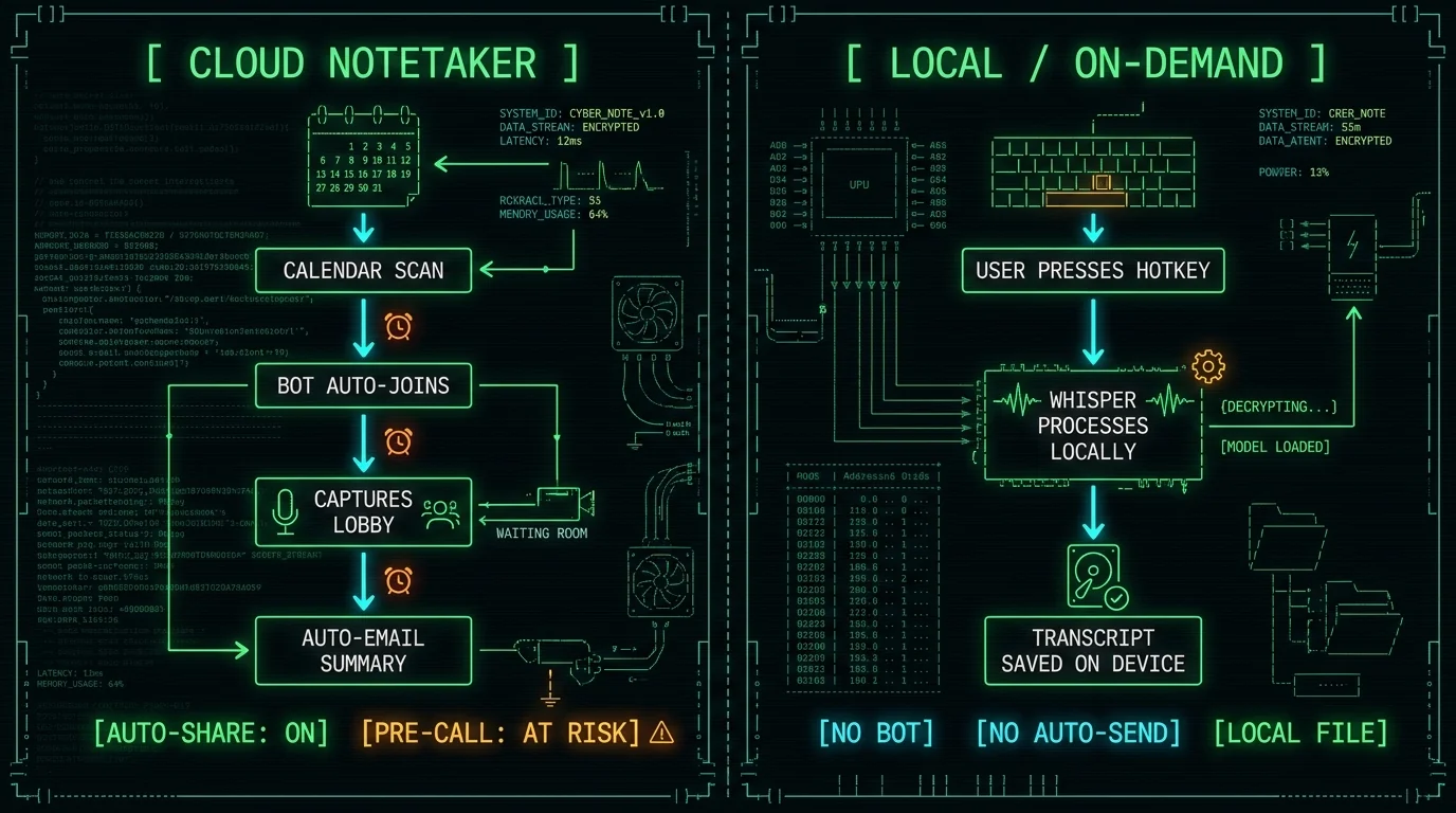 Comparison diagram of cloud AI notetaker auto-share flow versus local on-demand voice transcription with no automatic sharing