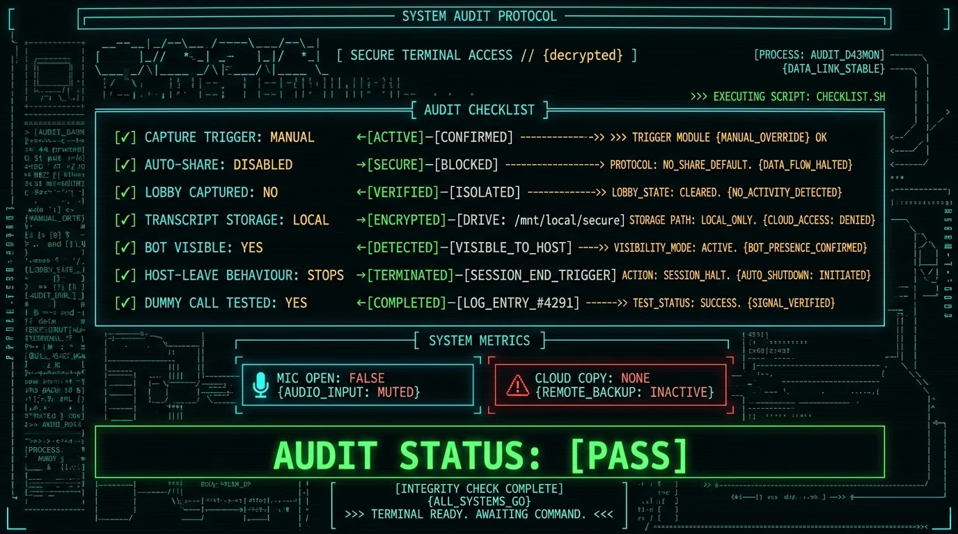 Terminal-style AI notetaker audit checklist showing seven capture control settings with pass or fail status flags for meeting recording privacy