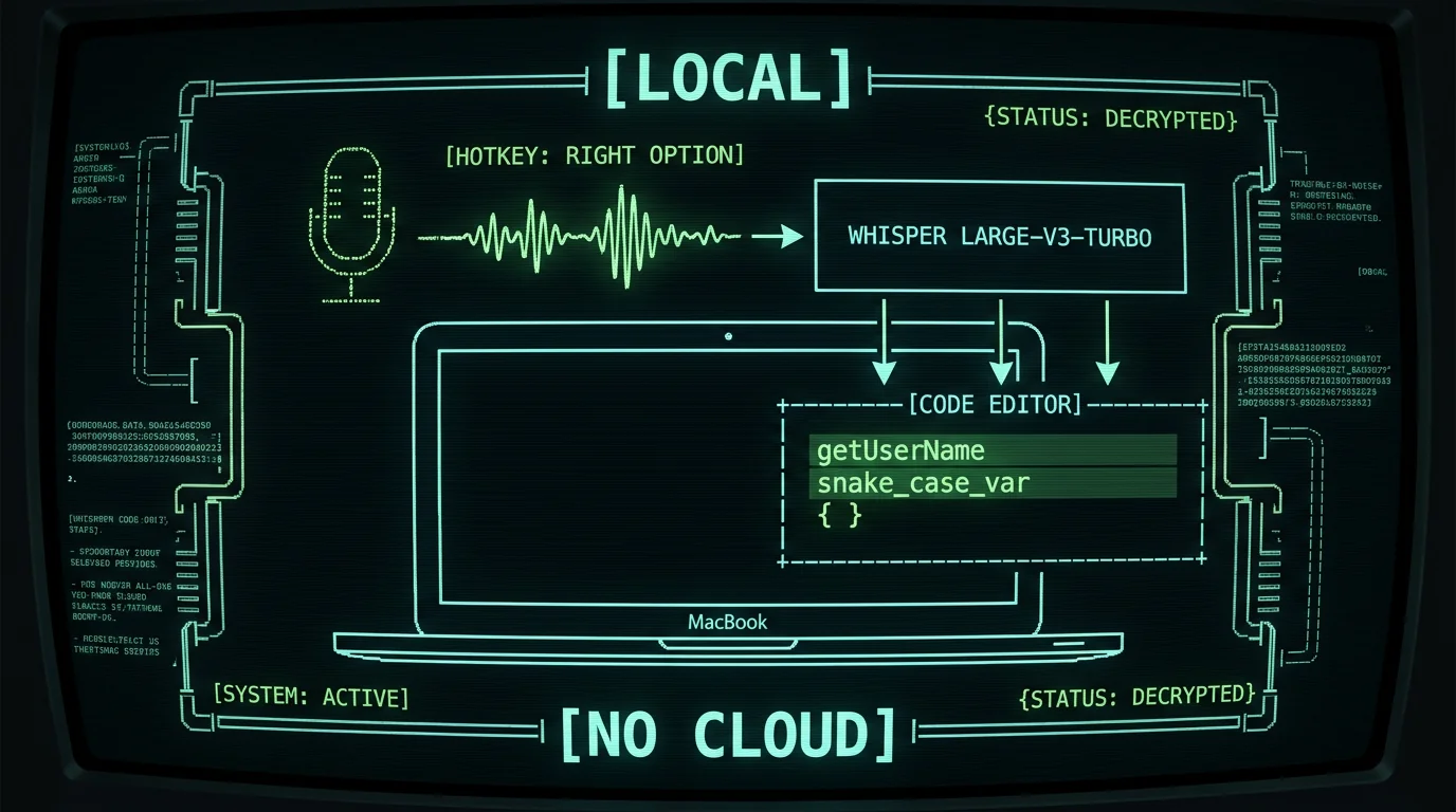 Schematic diagram of offline Whisper dictation pipeline for camelCase and snake_case coding on MacBook