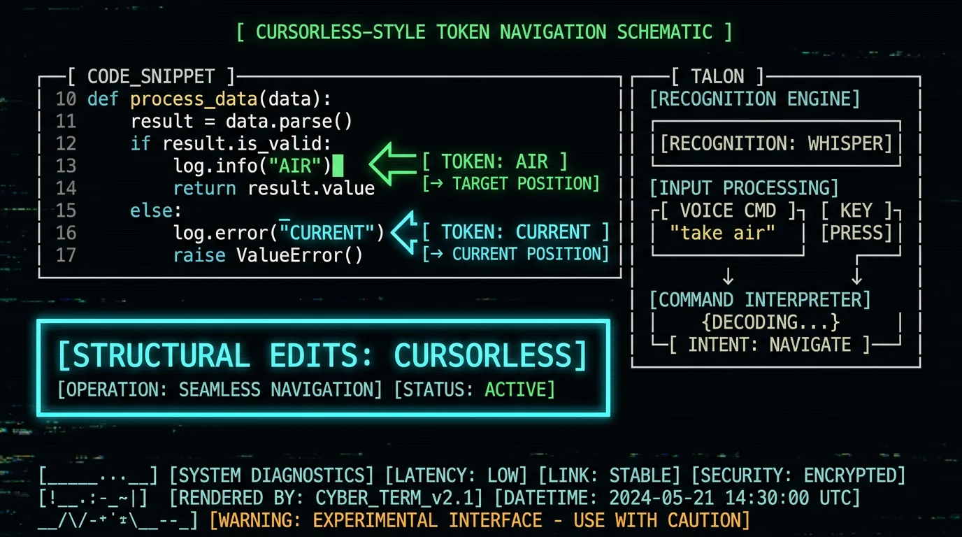 Diagram of Cursorless token navigation and Talon recognition layer for voice coding