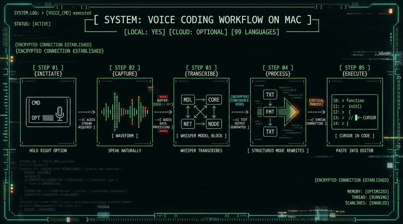 Five-step voice coding workflow diagram showing Whisper-based dictation pipeline for camelCase identifiers on MacBook