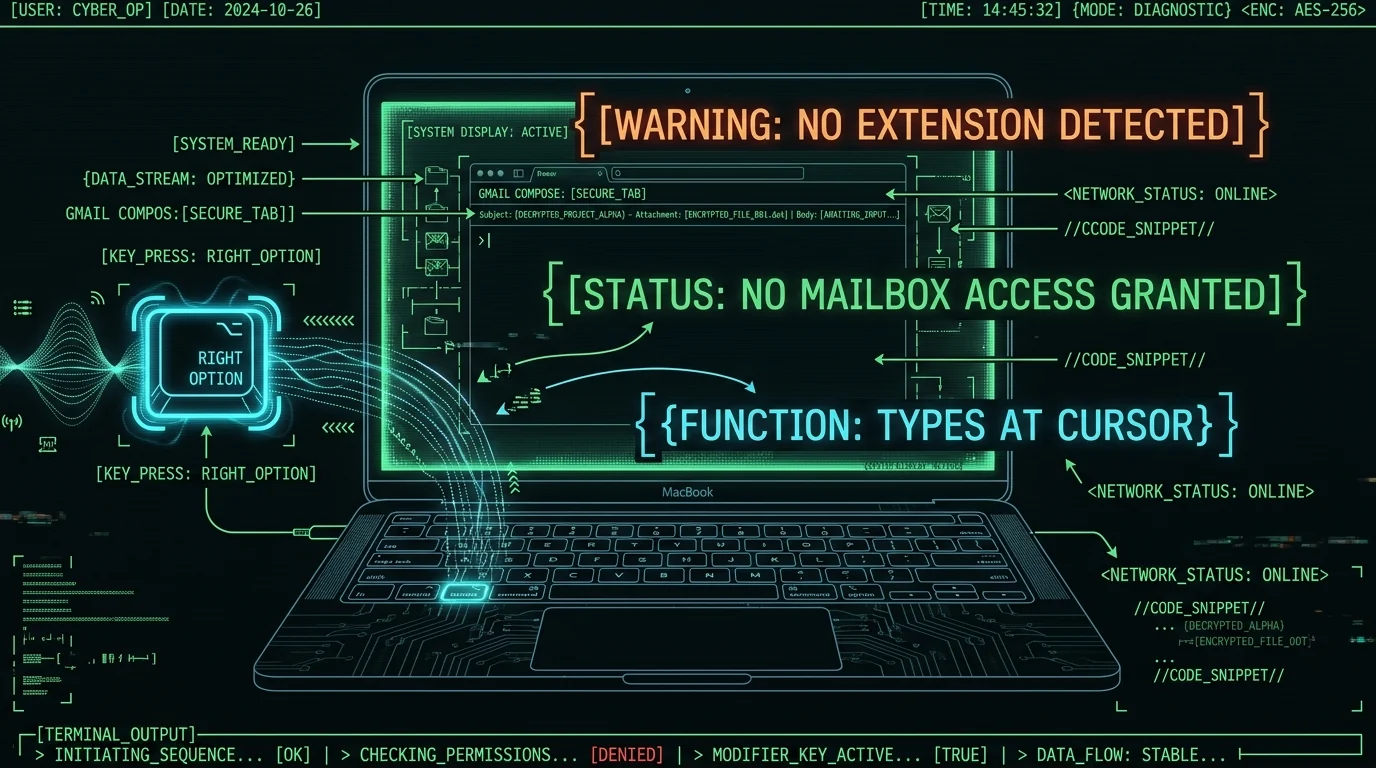 MacBook screen showing Gmail compose window with offline dictation hotkey activated, no browser extension required