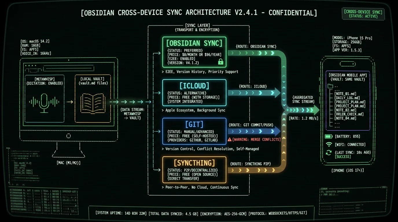Obsidian cross-device sync architecture diagram showing Mac dictation via MetaWhisp syncing through Obsidian Sync iCloud Git Syncthing to iPhone vault