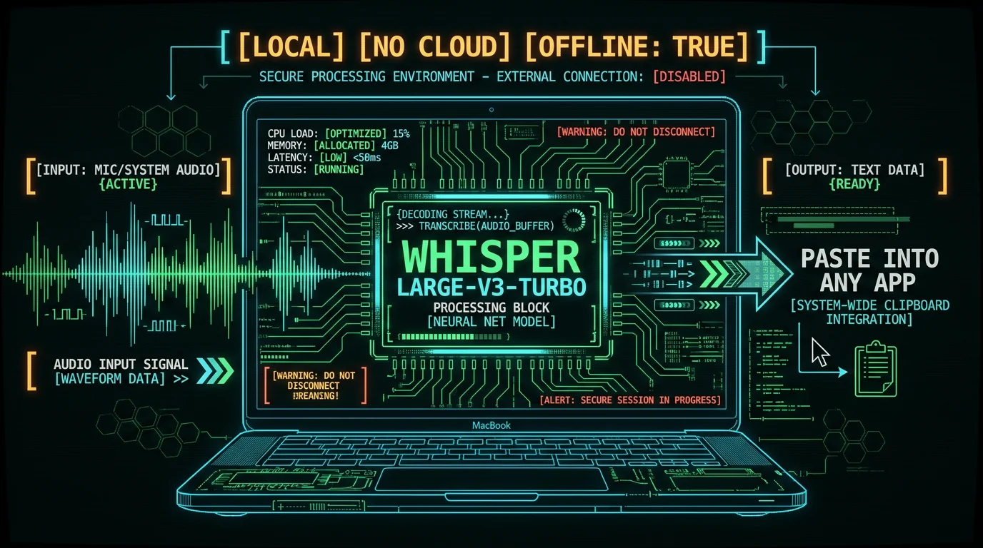 MetaWhisp offline dictation pipeline on Mac showing Whisper large-v3-turbo running on Neural Engine