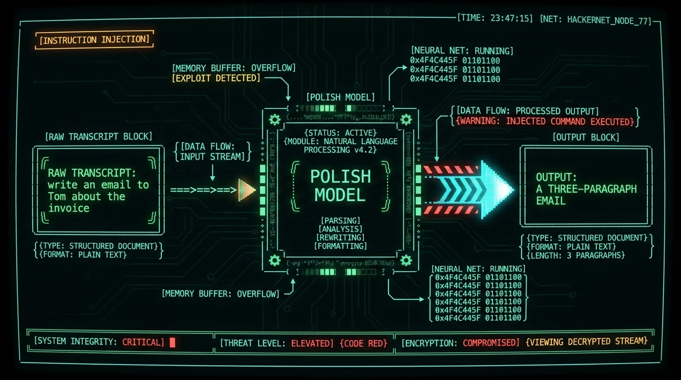Schematic diagram showing how dictation AI cleanup treats transcript text as a command
