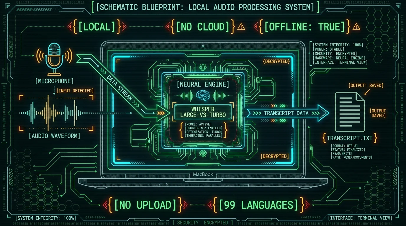 Schematic diagram of offline Whisper voice dictation pipeline for dysgraphia on Mac