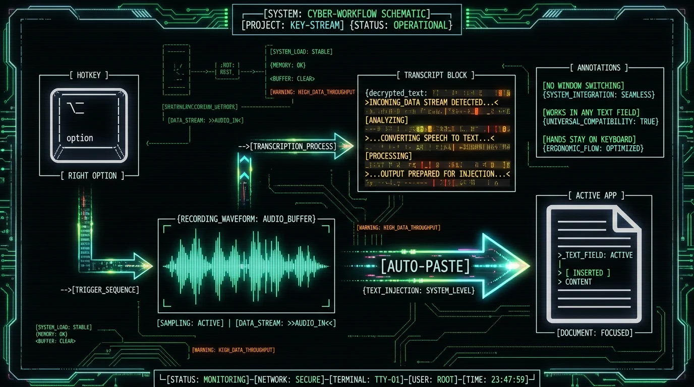 Workflow diagram of global hotkey and auto-paste reducing friction for dysgraphia dictation