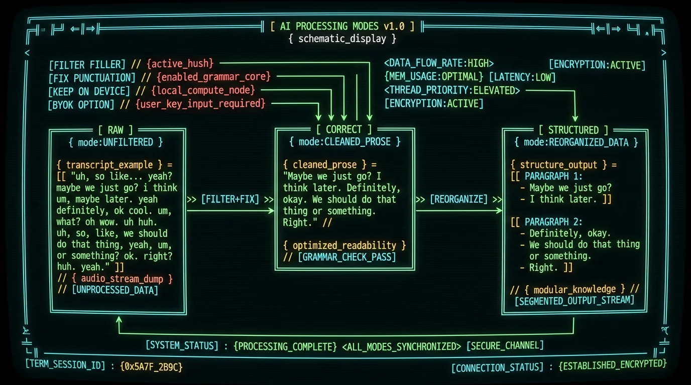 Processing modes diagram showing raw, correct, and structured AI dictation output for dysgraphia on Mac