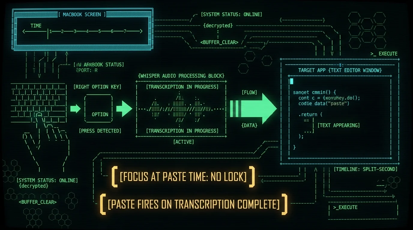 Schematic showing Mac dictation timing — key press captures focus, transcription completes asynchronously, text inserts at cursor in target window
