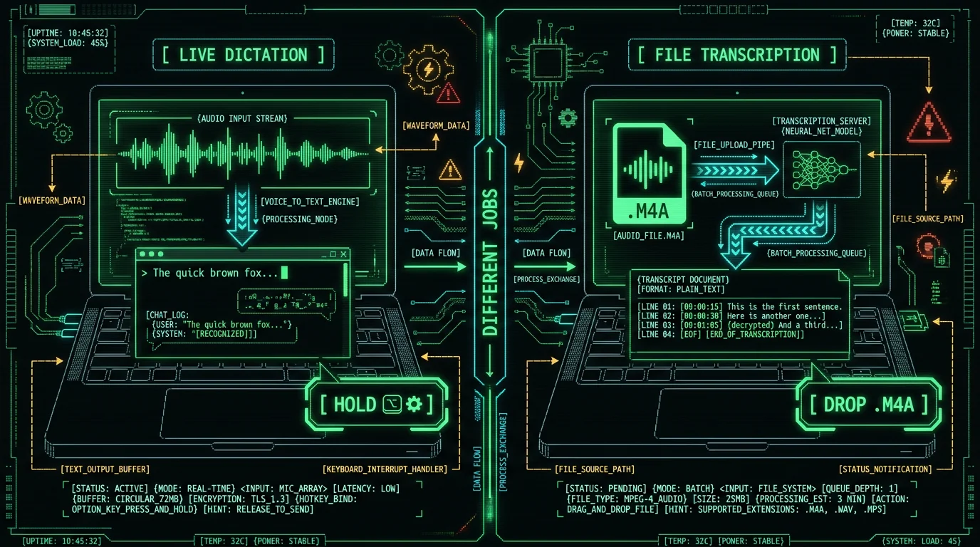 Split-screen illustration comparing live dictation versus file transcription workflows on a Mac
