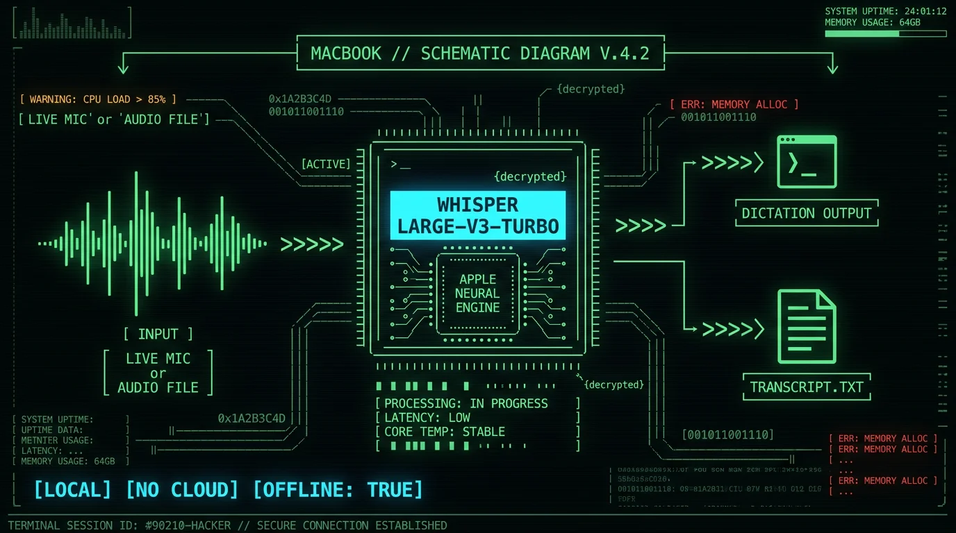 Schematic of Whisper large-v3-turbo model running on Mac Neural Engine serving both dictation and file transcription