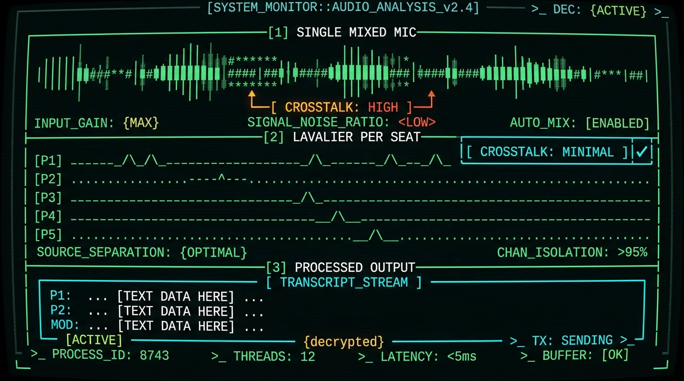 Audio waveform comparison showing lavalier microphones versus single mixed recording for focus group transcription