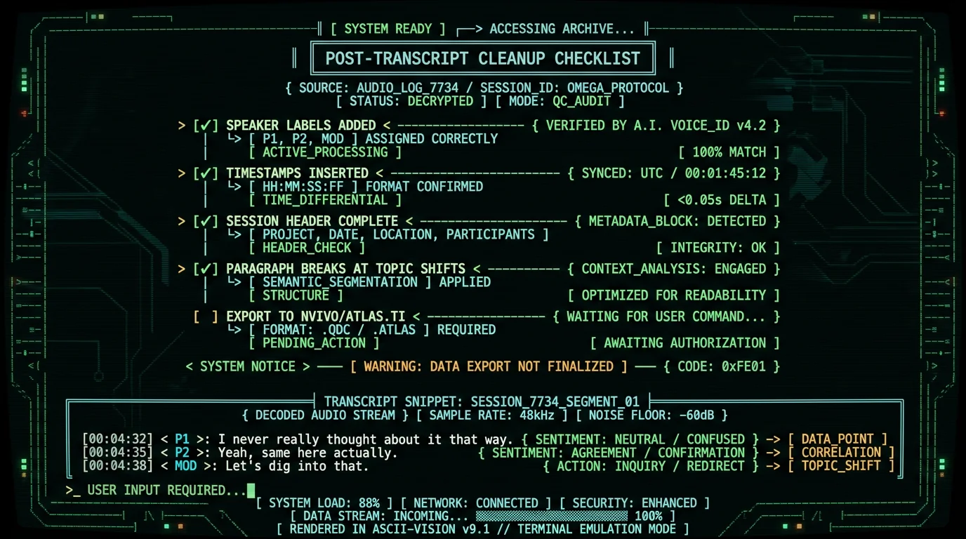 Post-transcript cleanup checklist for focus group research with speaker labels and timestamps in standard format