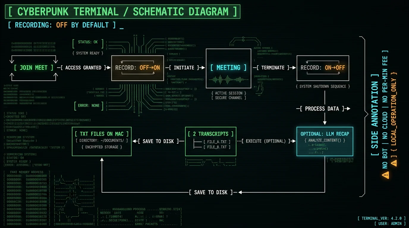 ASCII workflow loop showing local Google Meet recording and transcription on Mac with optional LLM recap