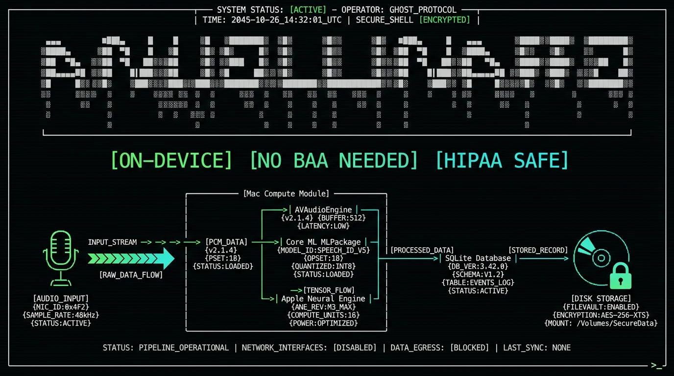On-device Whisper architecture diagram showing local audio processing through Apple Neural Engine without network transmission for HIPAA compliance on Mac