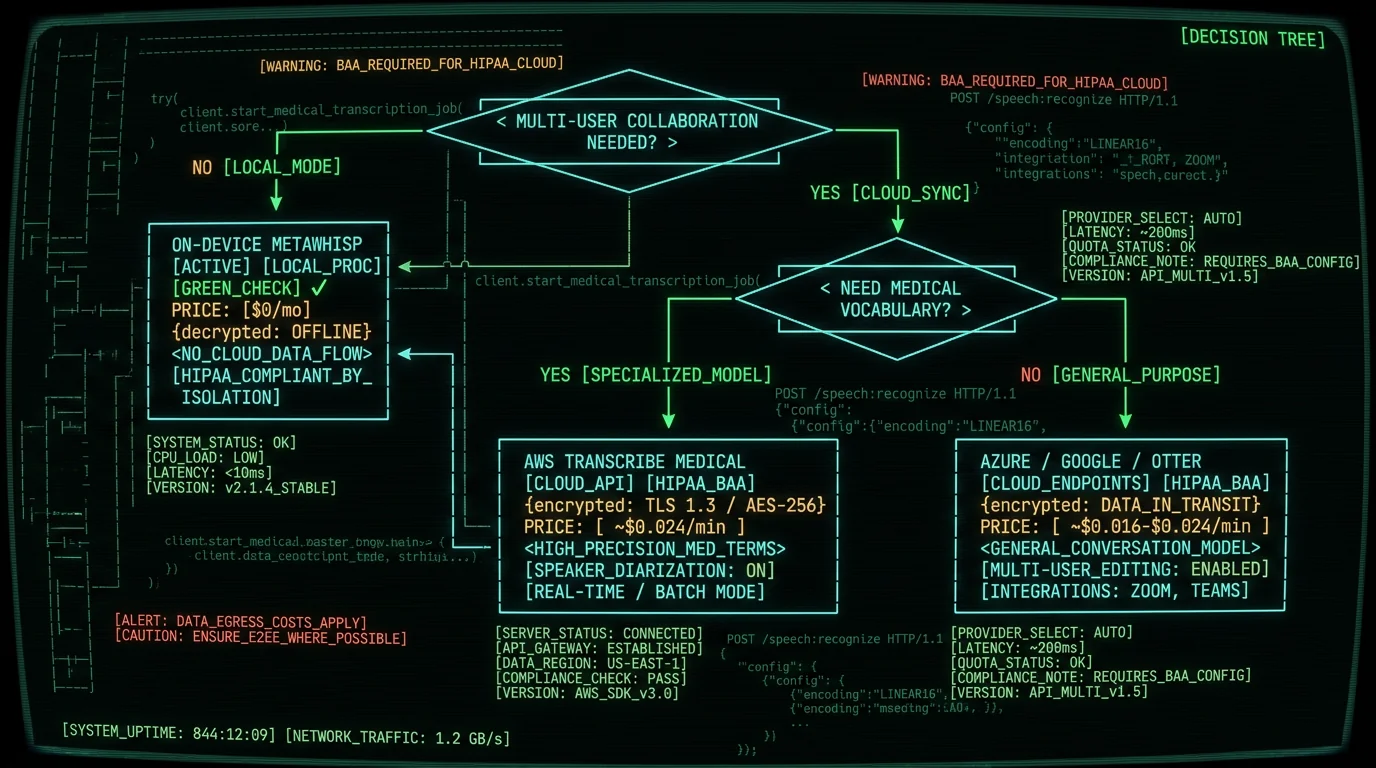 HIPAA-compliant speech-to-text decision tree for Mac users showing on-device versus cloud vendor BAA path based on collaboration and vocabulary needs