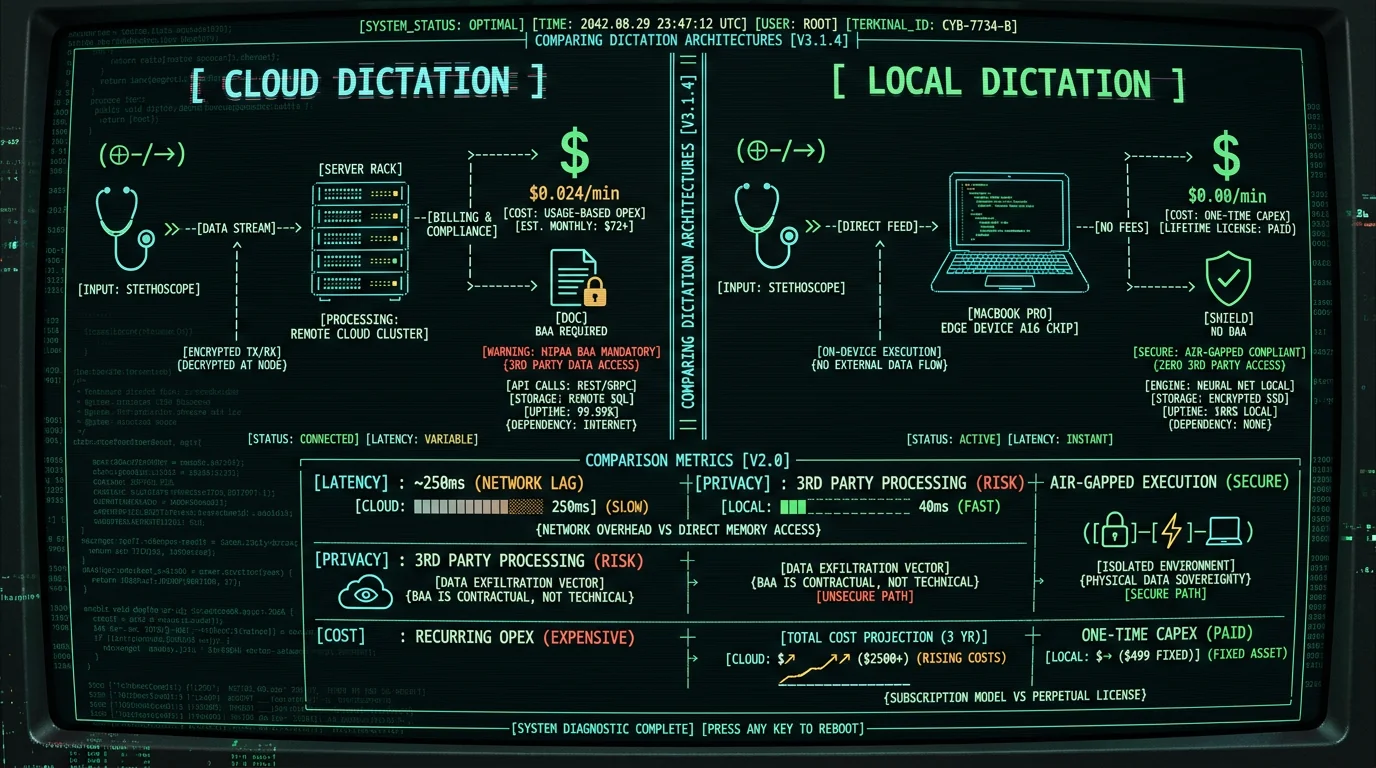 Cloud vs local dictation cost privacy and compliance comparison for HIPAA workflows on Mac