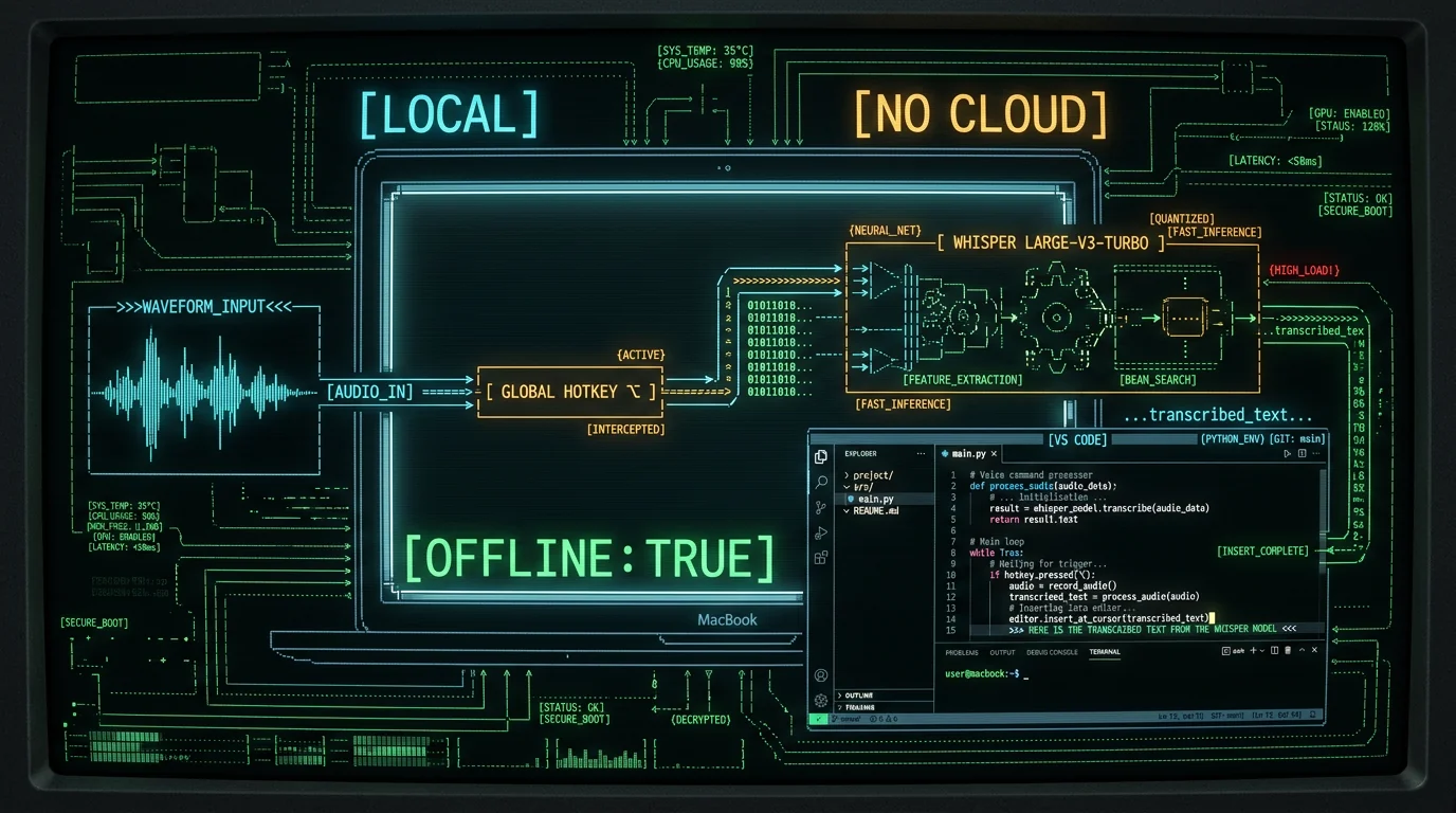 Offline voice-to-text pipeline for VS Code on Mac showing global hotkey and local Whisper processing