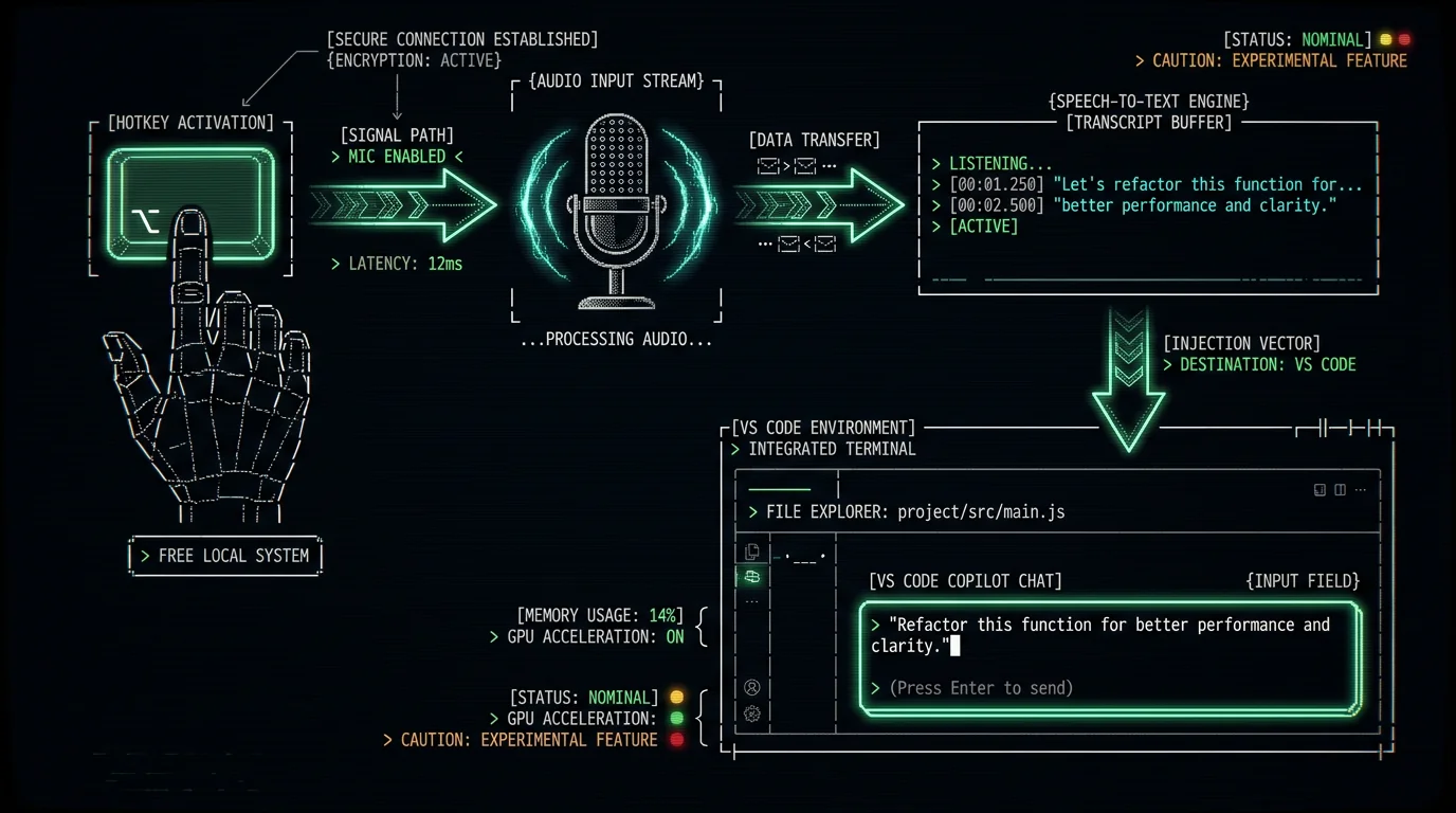Voice to text workflow for VS Code Copilot Chat prompts using MetaWhisp global hotkey on Mac