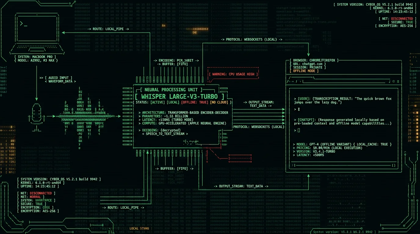 Schematic diagram of offline voice-to-text pipeline for dictating ChatGPT prompts on Mac using local Whisper