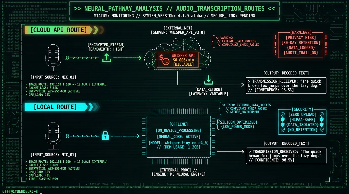 Privacy and cost comparison flowchart for cloud vs local voice transcription in ChatGPT prompt workflows