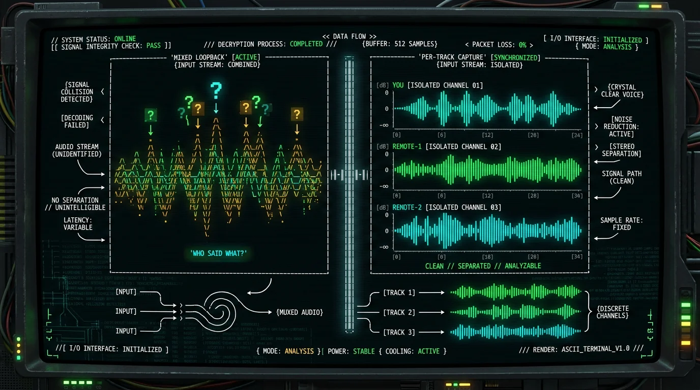 Comparison of mixed loopback vs per-track recording for internal audio on Mac