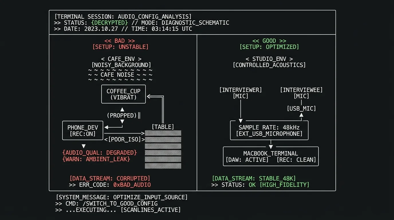 Good versus bad interview recording setup diagram for accurate Mac transcription