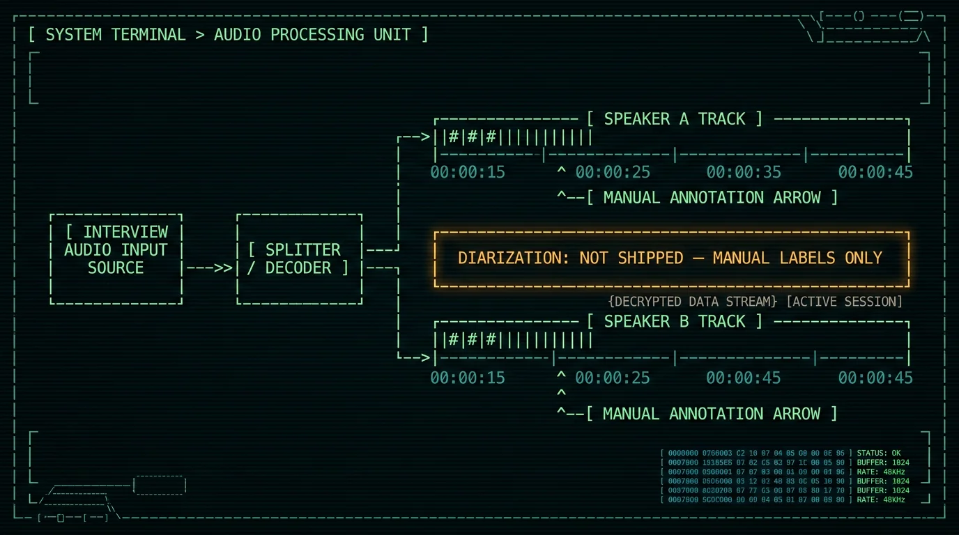 Manual speaker labeling workflow for interview transcripts without automatic diarization