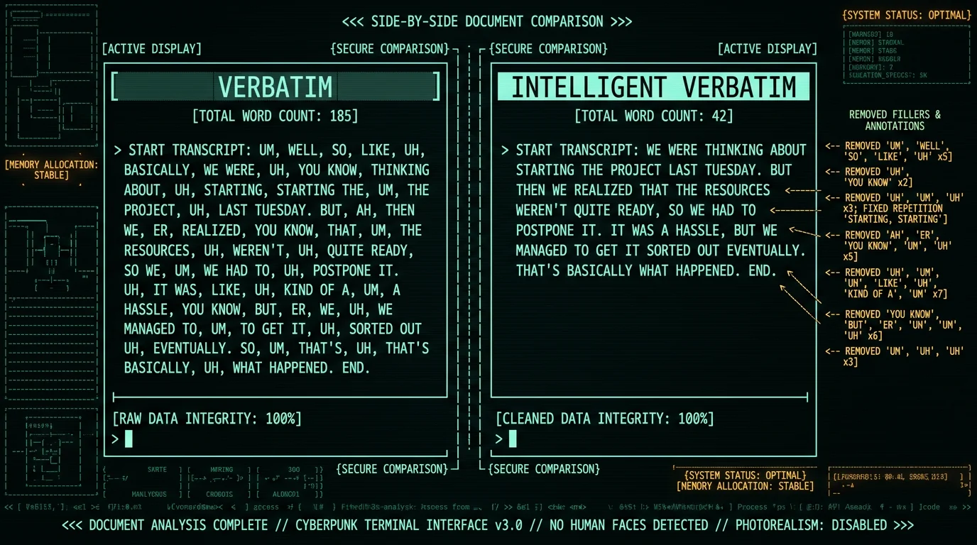Verbatim versus intelligent verbatim interview transcript comparison example side by side