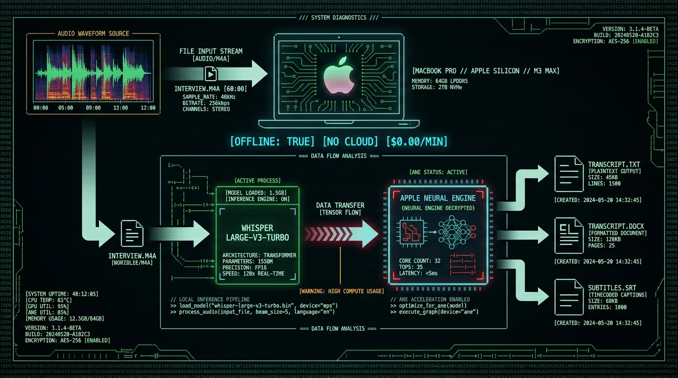 Schematic diagram showing how to transcribe audio files locally on Mac using Whisper AI without cloud upload