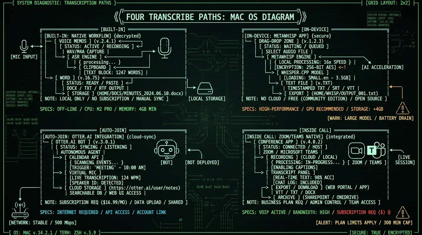 Four meeting minutes transcription methods on Mac comparison schematic showing built-in Word on-device MetaWhisp Otter auto-join and Zoom Teams transcripts