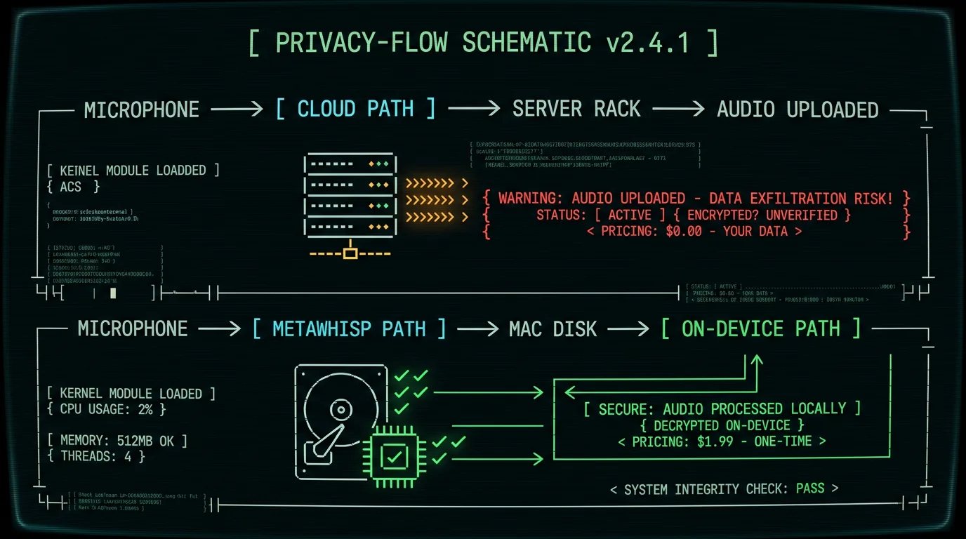 Meeting minutes transcription privacy flow comparison showing cloud upload versus MetaWhisp on-device path keeping audio on Mac